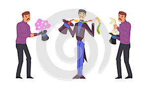 Man Magician with Top Hat Performing Different Magic Tricks on Stage with Rabbit and Ribbon Vector Set