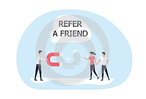 A man with a magnet in his hands attracts new buyers. The concept of a referral program, marketing strategy, bonuses.