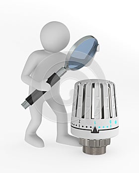 Man with magnifier and heater thermostat on white background. Isolated 3D illustration