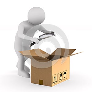 Man with magnifier and open box cargo on white background. Isolated 3D illustration