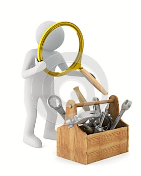 Man with magnifier and toolbox