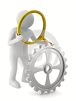 Man with magnifier on white background