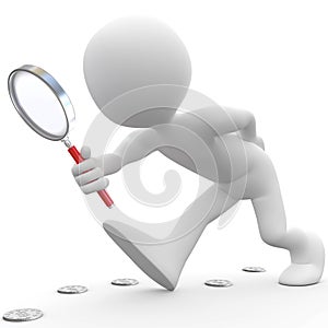 Man with magnifying glass looking for coins