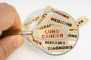 A man through a magnifying glass reads the inscriptions on scraps of paper, in the middle a red inscription LUNG CANCER