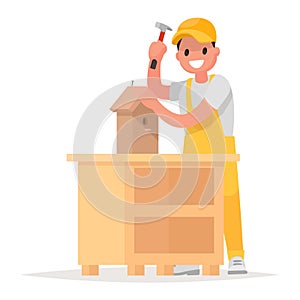 Man makes a birdhouse. Vector illustration