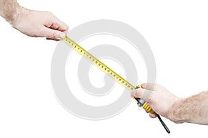 Man makes a measuring tape measure