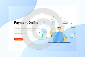 Man makes Secure safety Online Payment Flat vector illustration. Landing Page design template