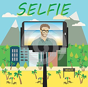 Man makes selfie using a monopod and a smartphone