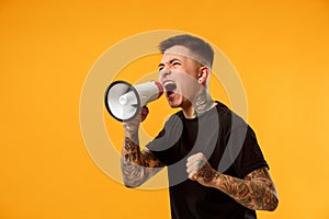 Man making announcement with megaphone