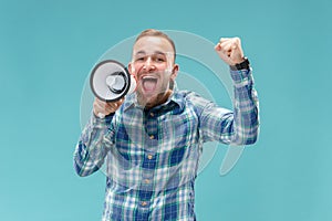 Man making announcement with megaphone