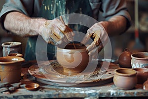 Man making ceramic pot on the pottery wheel. Generative AI