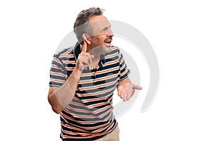 Man making confused expression listening gesture with copyspace