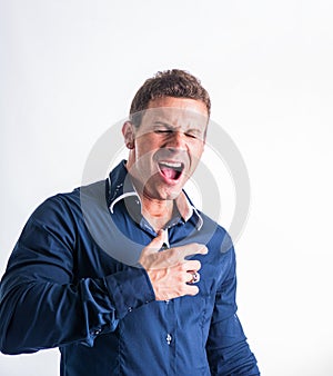 Man making funny face with hands