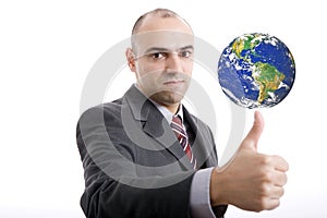 Man making gesture of ok with earth on top