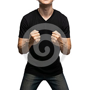 Man making  happy expression on white background