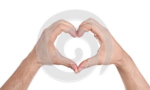 Man making heart with his hands on white background