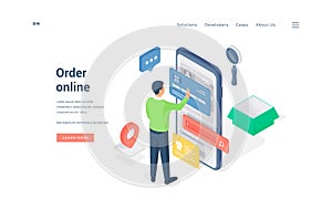 Man making online order on smartphone isometric vector illustration