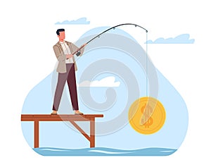 Man making profit. Businessman using fishing rod to catch gold coin. Money success. Financial income. Cash at hook