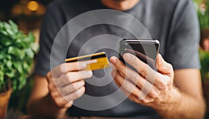 Man Making Secure Online Payment Using Credit Card And Smartphone