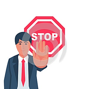 Man making stop gesture with hand. Red sign