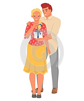 Man making surprise for woman giving gift box vector illustration