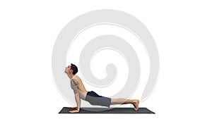 Man is making yoga poses on white background.