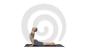 Man is making yoga poses on white background.