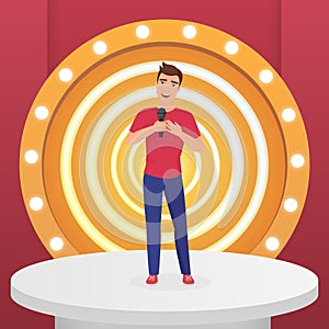 Man male singer star singing pop song with microphone standing on circle modern stage with lamps vector illustration.