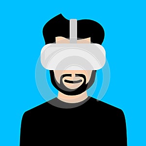 Man and male is using virtual reality headset on his head.