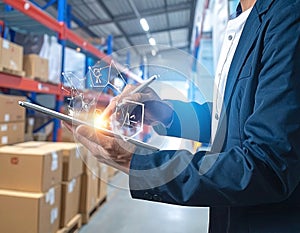 Man managing warehouse data using digital tablet with interface