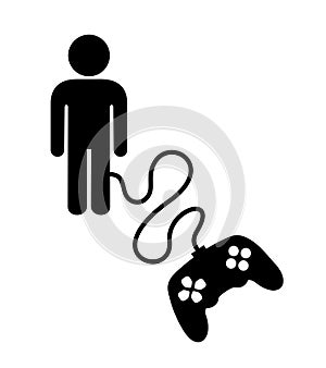 Man is manipulated and controlled by joystick and gamepad. Human as character of play, computer game and videogame.