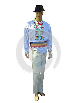Man mannequin in national traditional balkanic, moldavian, romanian costume isolated over white photo