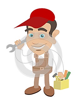 Man manual worker holding a wrench and tool box