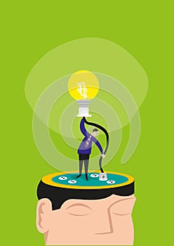 A Man Manually Connects a Wire on a Head to Light up a Bulb. Editable Clip Art.