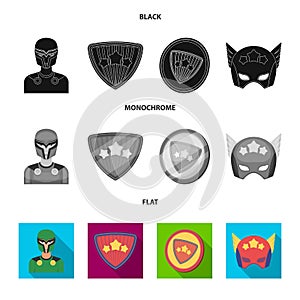 Man, mask, cloak, and other web icon in black, flat, monochrome style.Costume, superman, superforce, icons in set