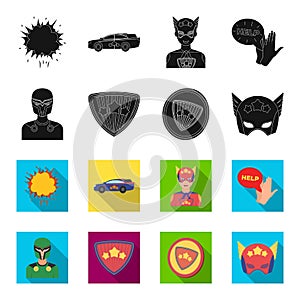 Man, mask, cloak, and other web icon in black,flet style.Costume, superman, superforce, icons in set collection.