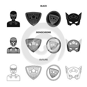 Man, mask, cloak, and other web icon in black,monochrome,outline style.Costume, superman, superforce, icons in set
