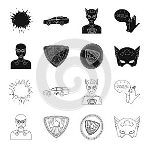 Man, mask, cloak, and other web icon in black,outline style.Costume, superman, superforce, icons in set collection.