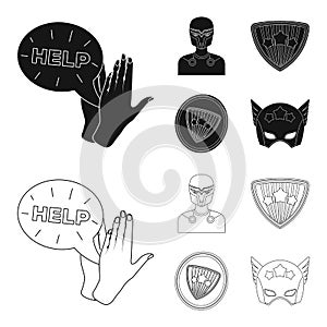 Man, mask, cloak, and other web icon in black,outline style.Costume, superman, superforce, icons in set collection.