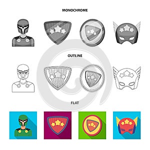 Man, mask, cloak, and other web icon in flat,outline,monochrome style.Costume, superman, superforce, icons in set