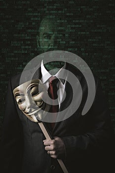 man with mask in hand and binary code background