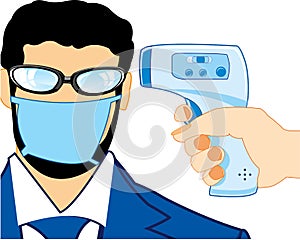 Man in mask measure temperature by noncontact thermometer photo