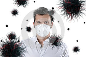 A man in a mask protects himself from virus particles flying in the air on a white background. Coronavirus, COVID-19, isolation,