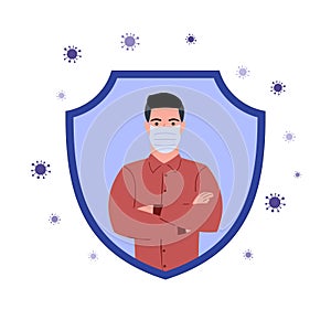 Man in a mask stands, isolated from bacteria and viruses, the shield protects people`s health, healthcare and isolation illustrati