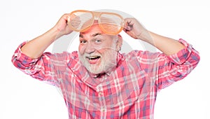 Man mature senior bearded hipster wear giant sunglasses. Diagnostics eyes disease and age changes. Cheerful pensioner