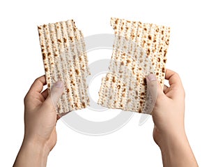 Man with Matzo on white background. Pesach Passover celebration