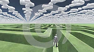 Man in maze with question mark clouds