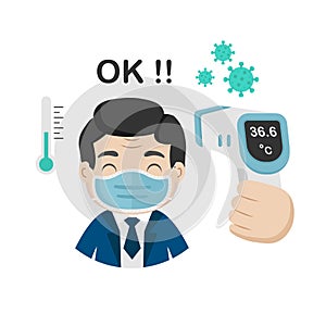 Man measuring body temperature and wearing a face mask vector illustration