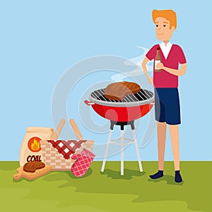 Man with meat food grill and hamper