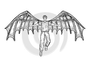 Man with mechanical wings sketch vector